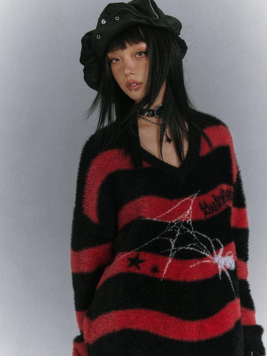 YUKAHOUSE Spider Striped V-neck Vintage Punk Loose Women's Polyamide Blend Sweaters