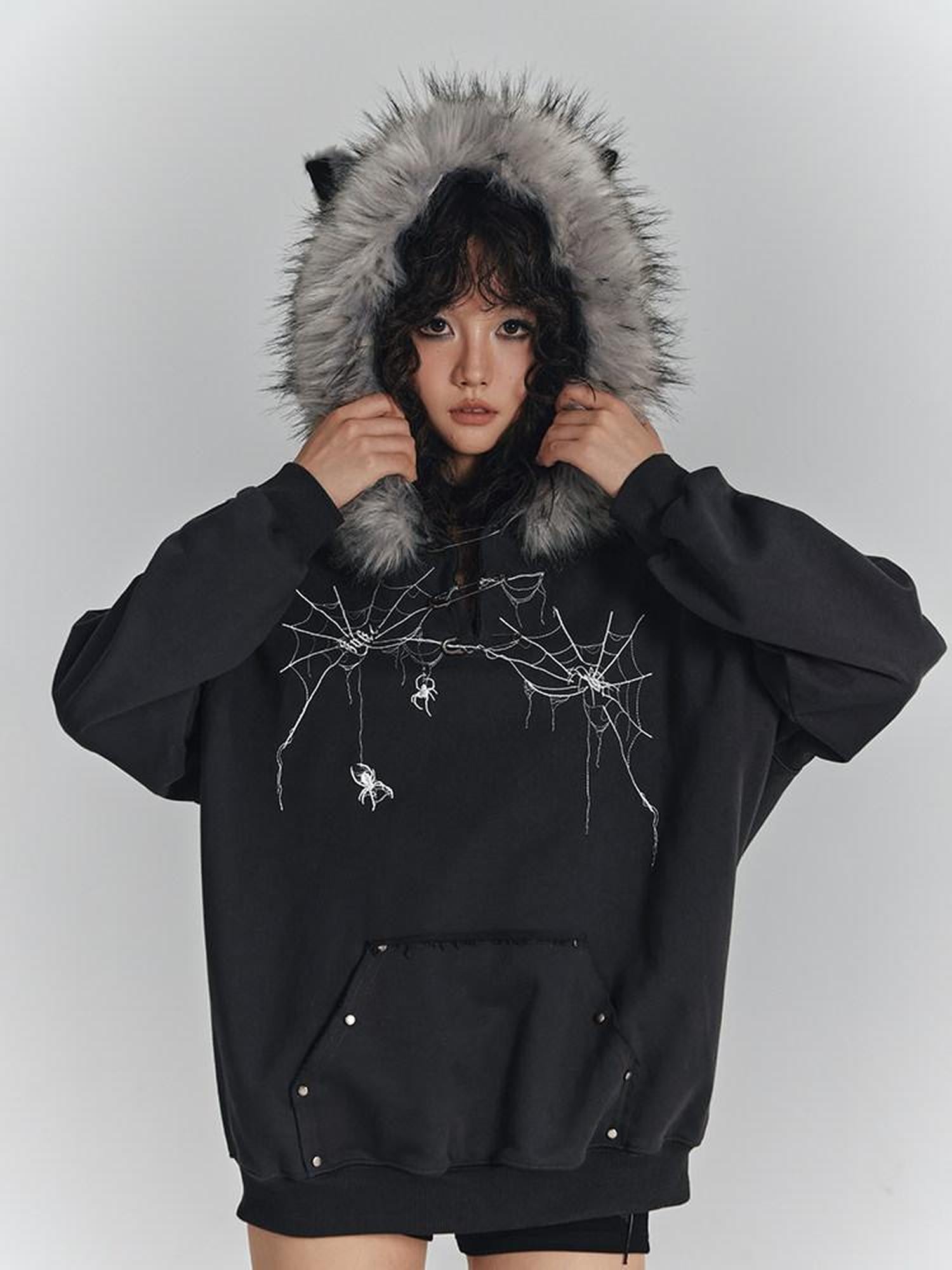 YUKAHOUSE Spiderweb Print Faux Fur Collar Cat Ear Women's Cotton Polyester Blend Hoodies