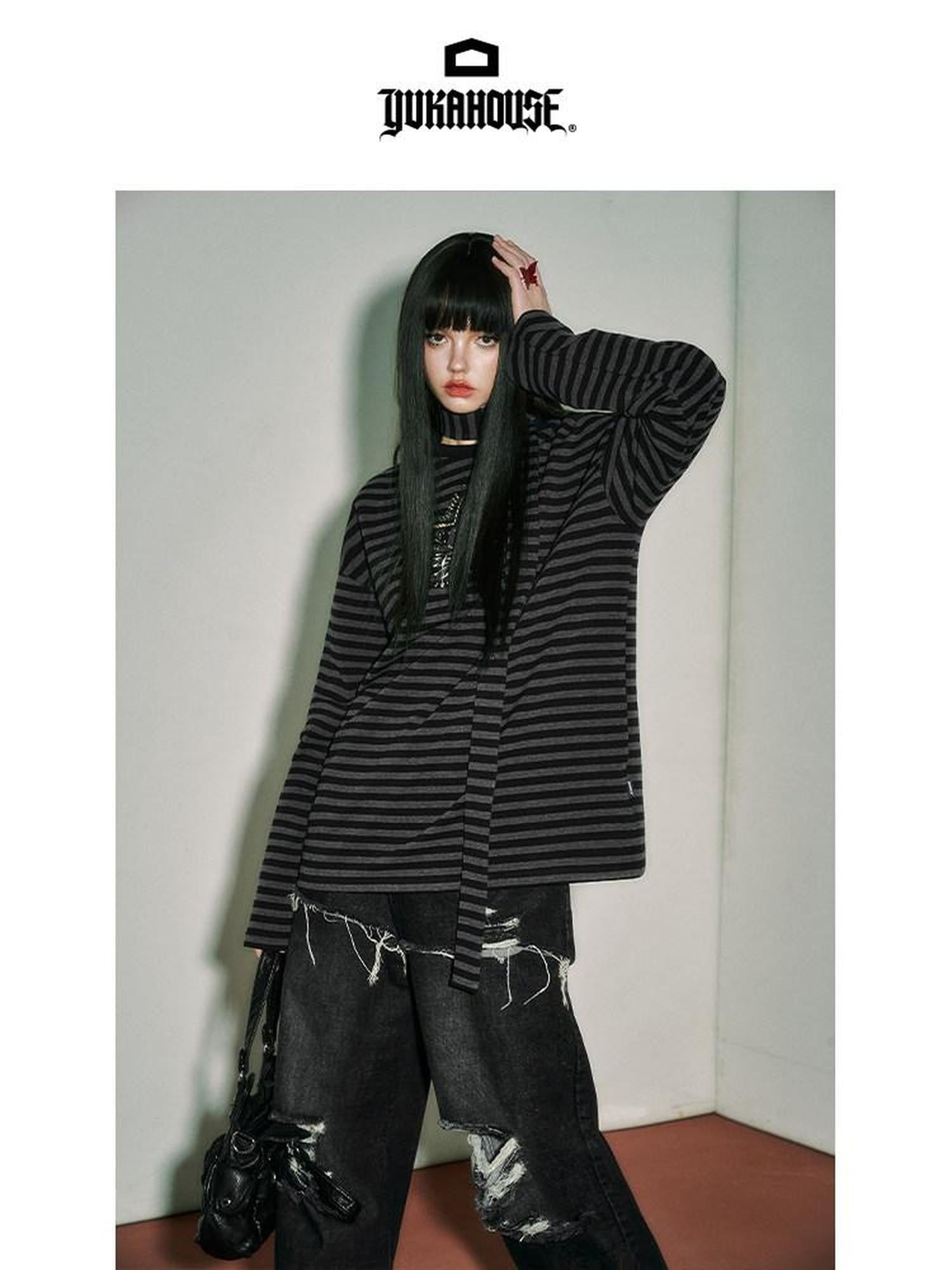 YUKAHOUSE Star Stripe Loose Punk Women's Cotton Blend Long Sleeve T-shirts