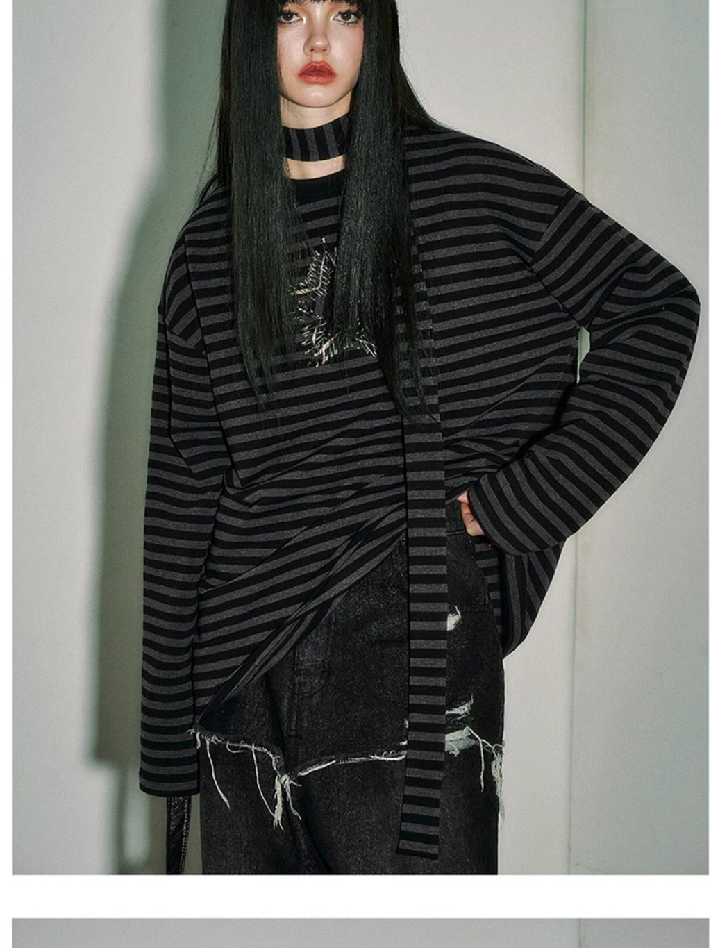 YUKAHOUSE Star Stripe Loose Punk Women's Cotton Blend Long Sleeve T-shirts