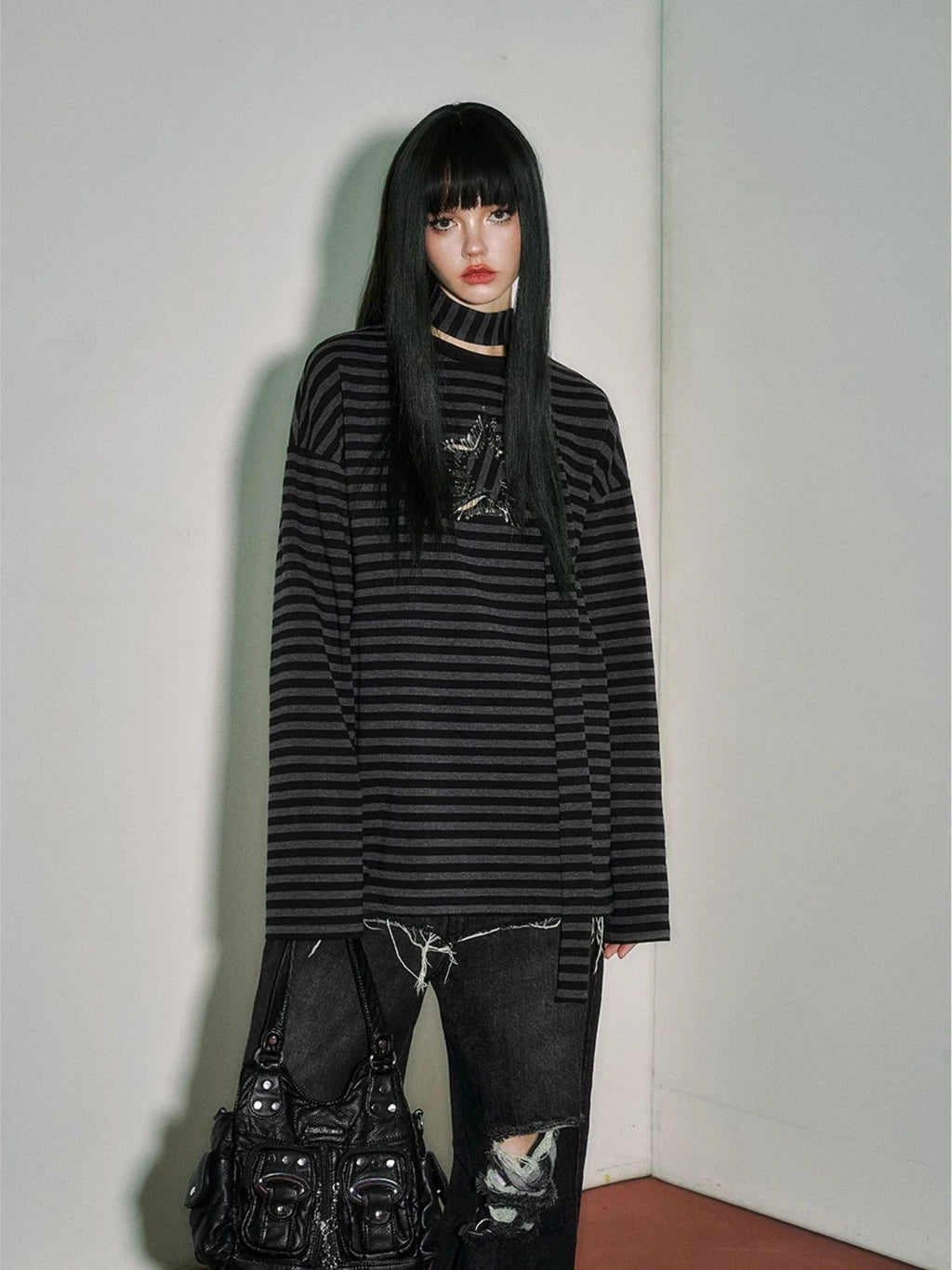 YUKAHOUSE Star Stripe Loose Punk Women's Cotton Blend Long Sleeve T-shirts