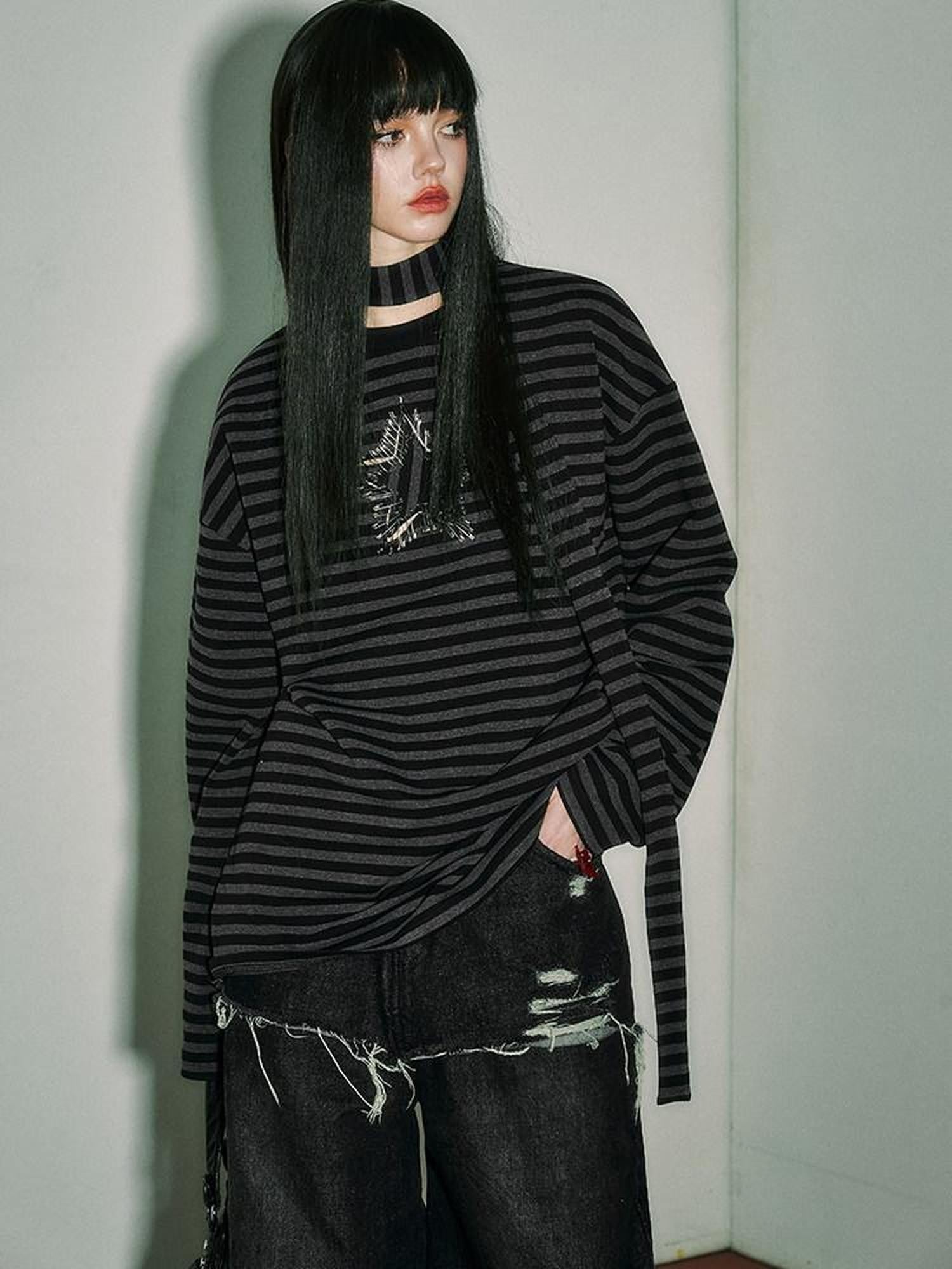 YUKAHOUSE Star Stripe Loose Punk Women's Cotton Blend Long Sleeve T-shirts