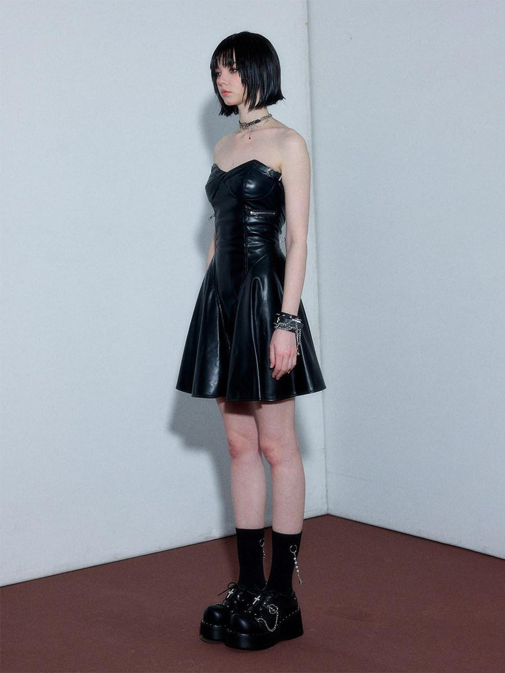 YUKAHOUSE Strapless A Line High Waist Women's Pu Leather Tube Mini Dresses