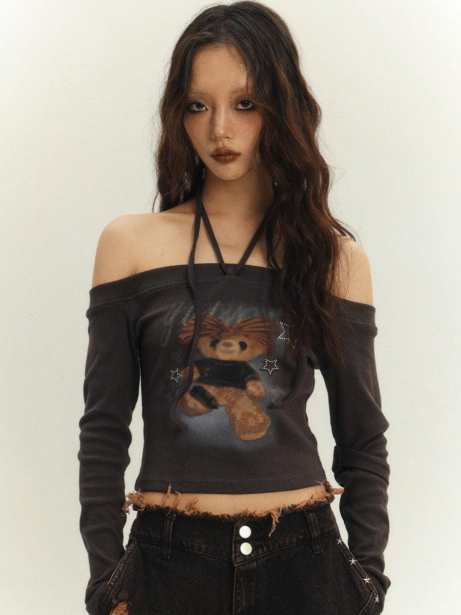 YUKAHOUSE Street Cartoon Print One Shoulder Women's Cotton Blend Halter Tops