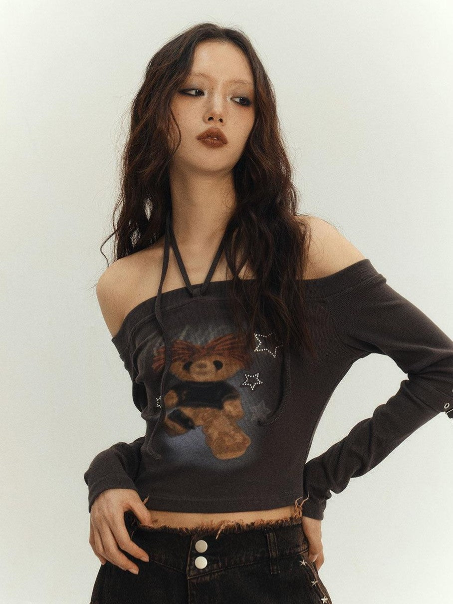 YUKAHOUSE Street Cartoon Print One Shoulder Women's Cotton Blend Halter Tops
