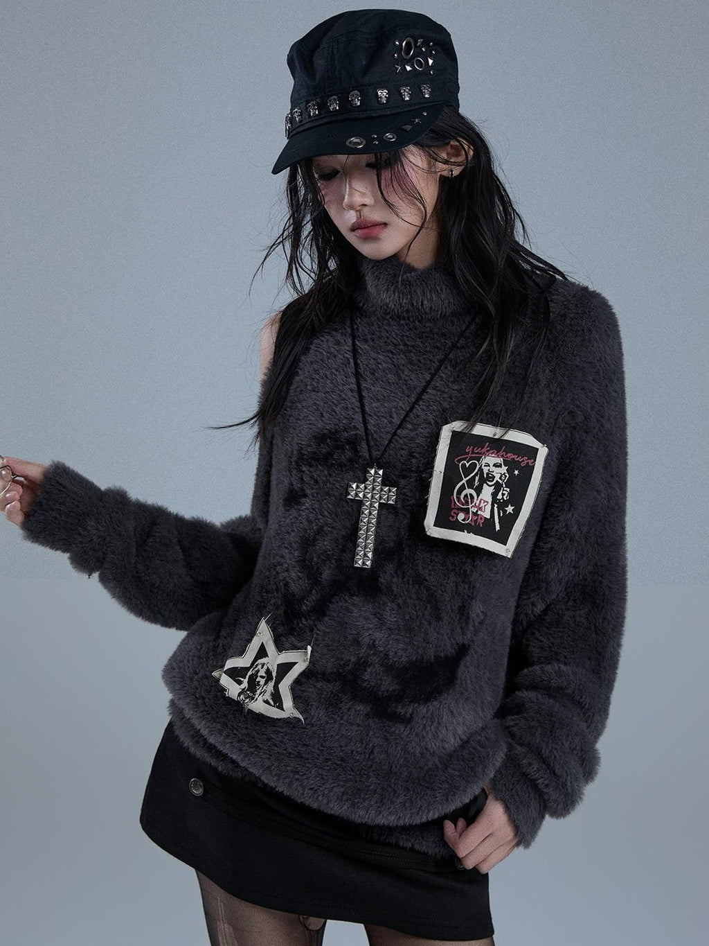 YUKAHOUSE Streetwear Pin Patch Print Off Shoulder Women's Knit Turtleneck Sweaters