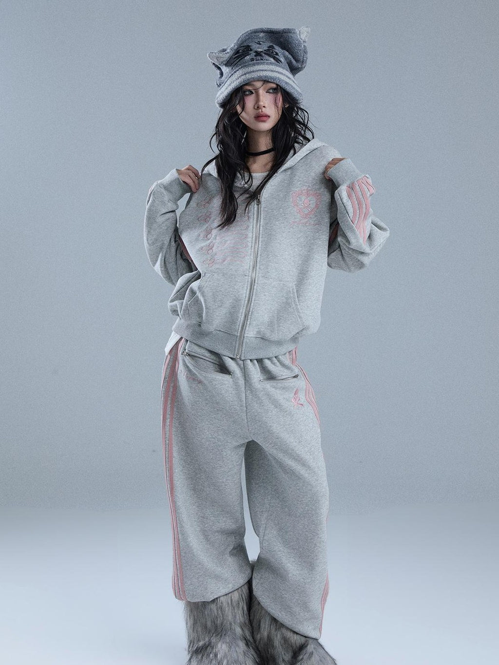 YUKAHOUSE Striped Embroidered Zip American Style Women's Cotton Straight-leg Pants