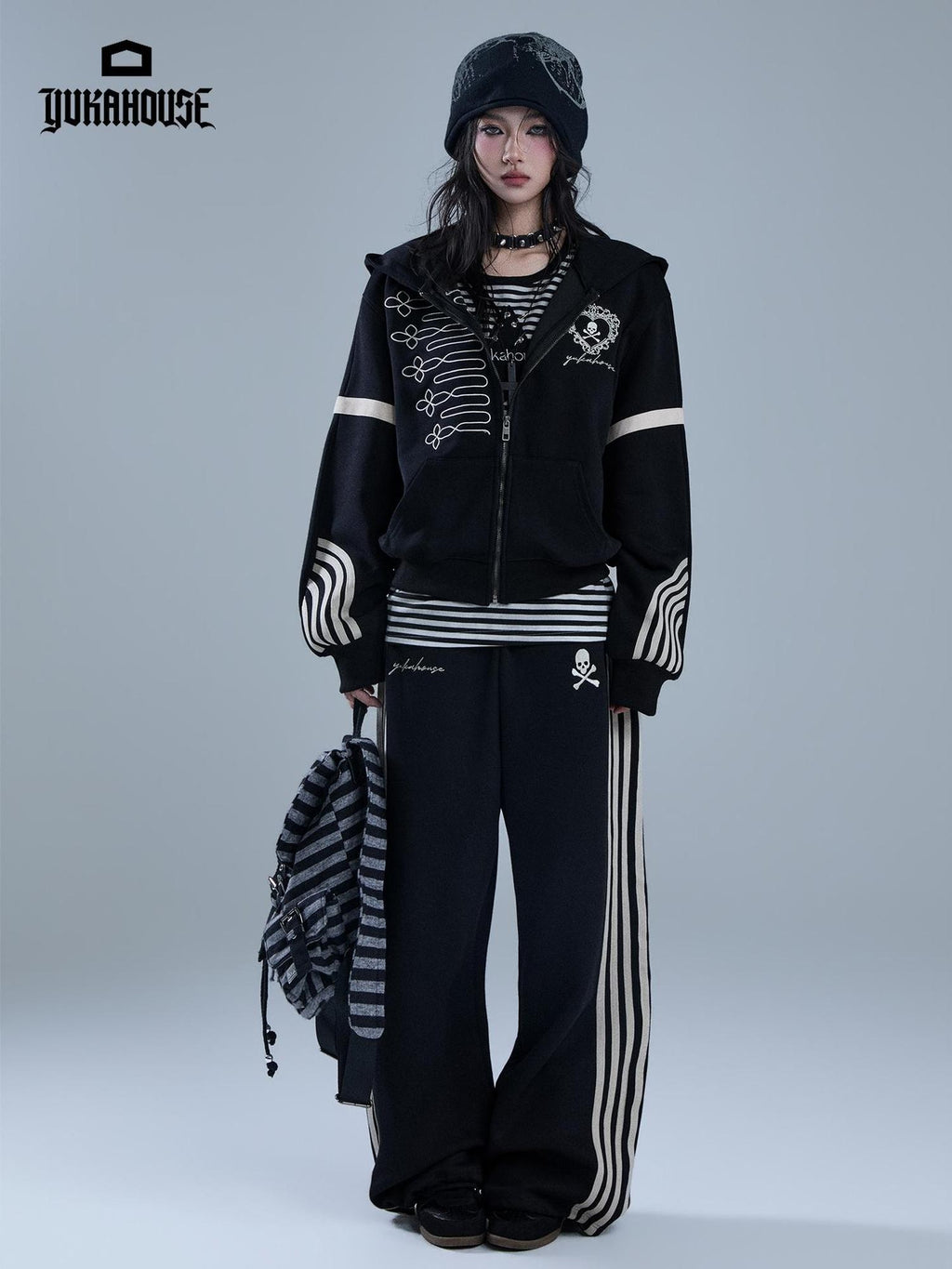 YUKAHOUSE Striped Embroidered Zip American Style Women's Cotton Straight-leg Pants