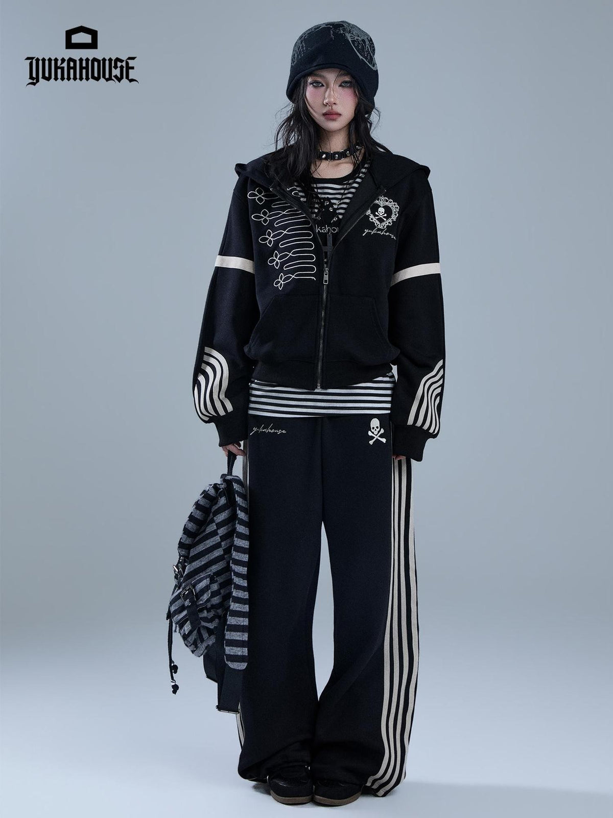 YUKAHOUSE Striped Embroidered Zip American Style Women's Cotton Straight-leg Pants