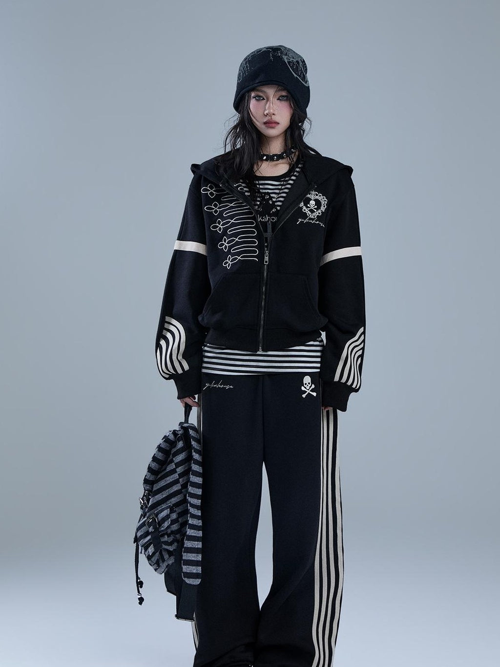 YUKAHOUSE Striped Embroidered Zip American Style Women's Cotton Straight-leg Pants