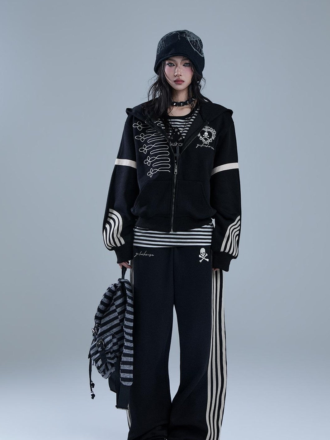YUKAHOUSE Striped Embroidered Zip American Style Women's Cotton Straight-leg Pants