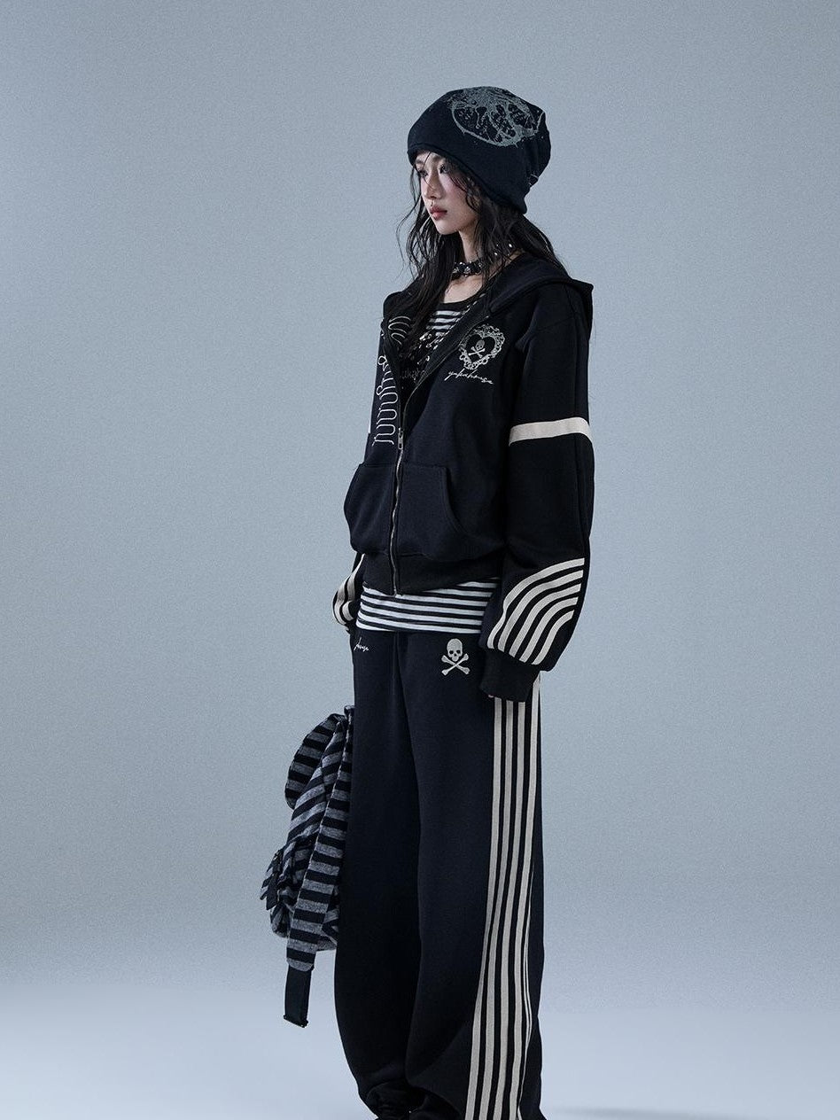 YUKAHOUSE Striped Embroidered Zip American Style Women's Cotton Straight-leg Pants