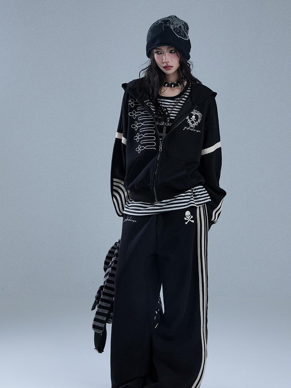 YUKAHOUSE Striped Embroidered Zip American Style Women's Cotton Straight-leg Pants