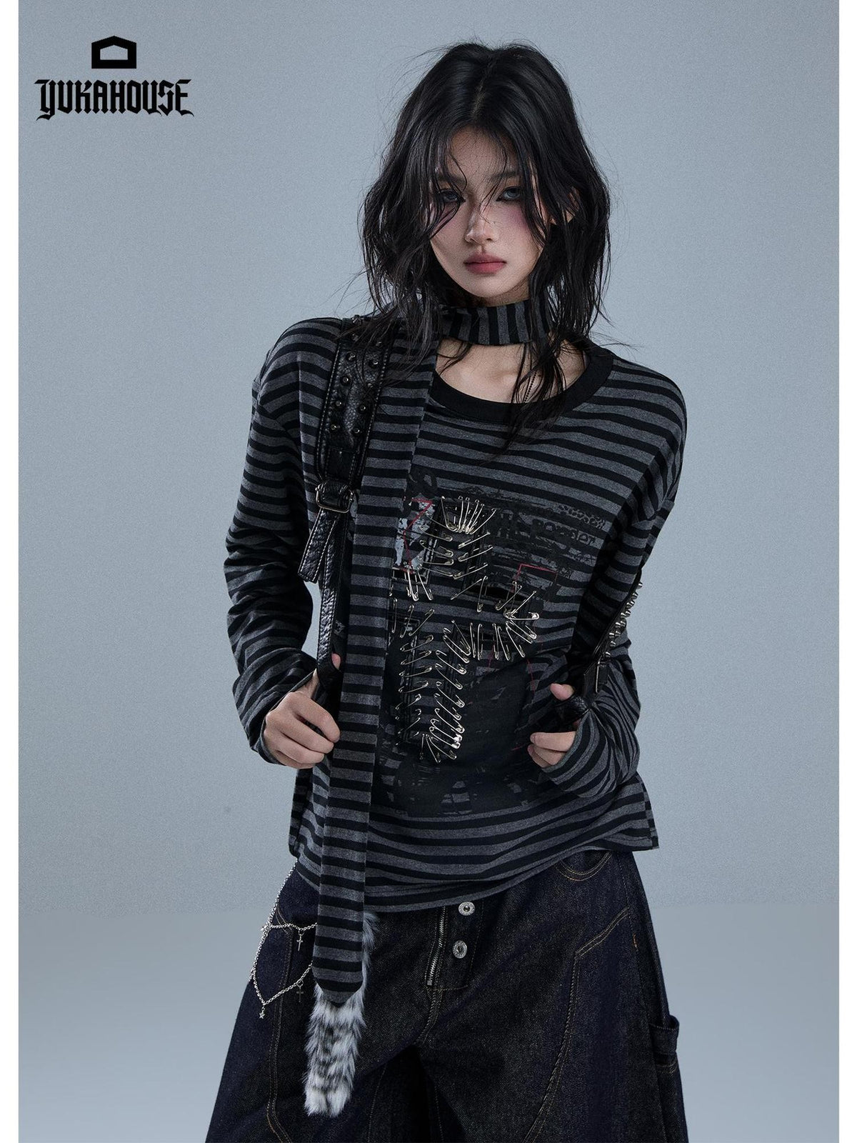 YUKAHOUSE Striped Print Metal Punk Women's Cotton Long Sleeve T-shirts
