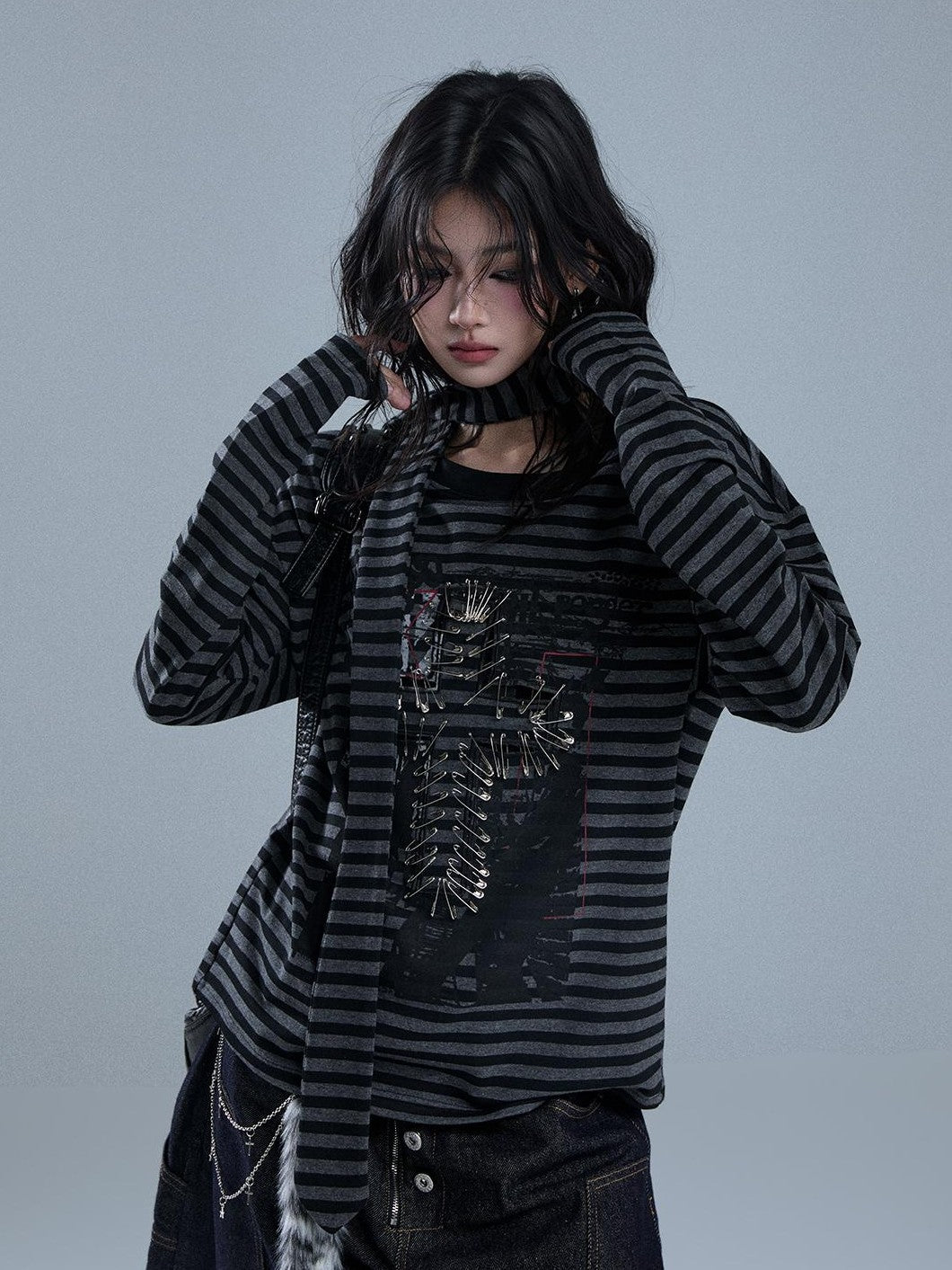 YUKAHOUSE Striped Print Metal Punk Women's Cotton Long Sleeve T-shirts