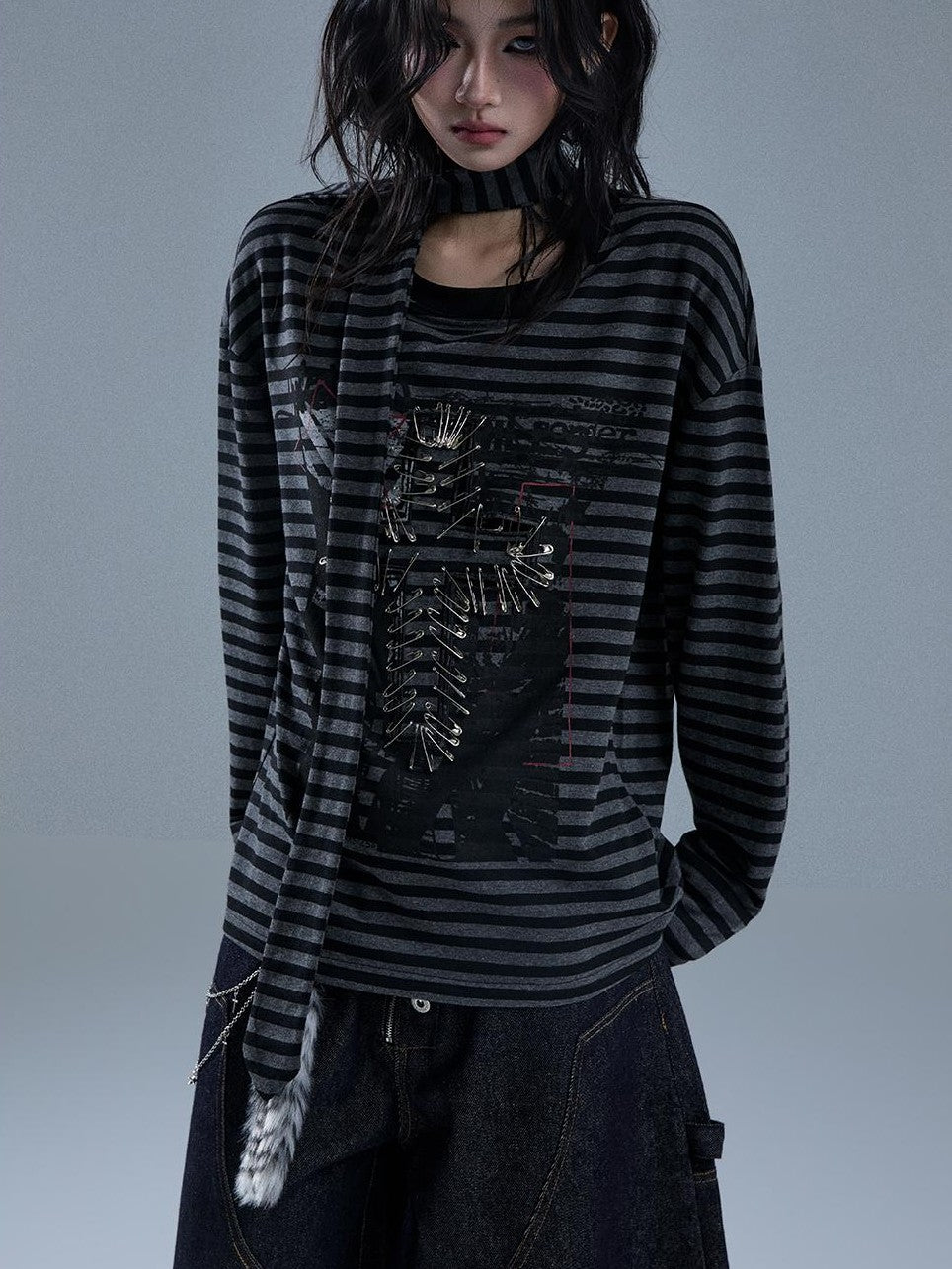 YUKAHOUSE Striped Print Metal Punk Women's Cotton Long Sleeve T-shirts