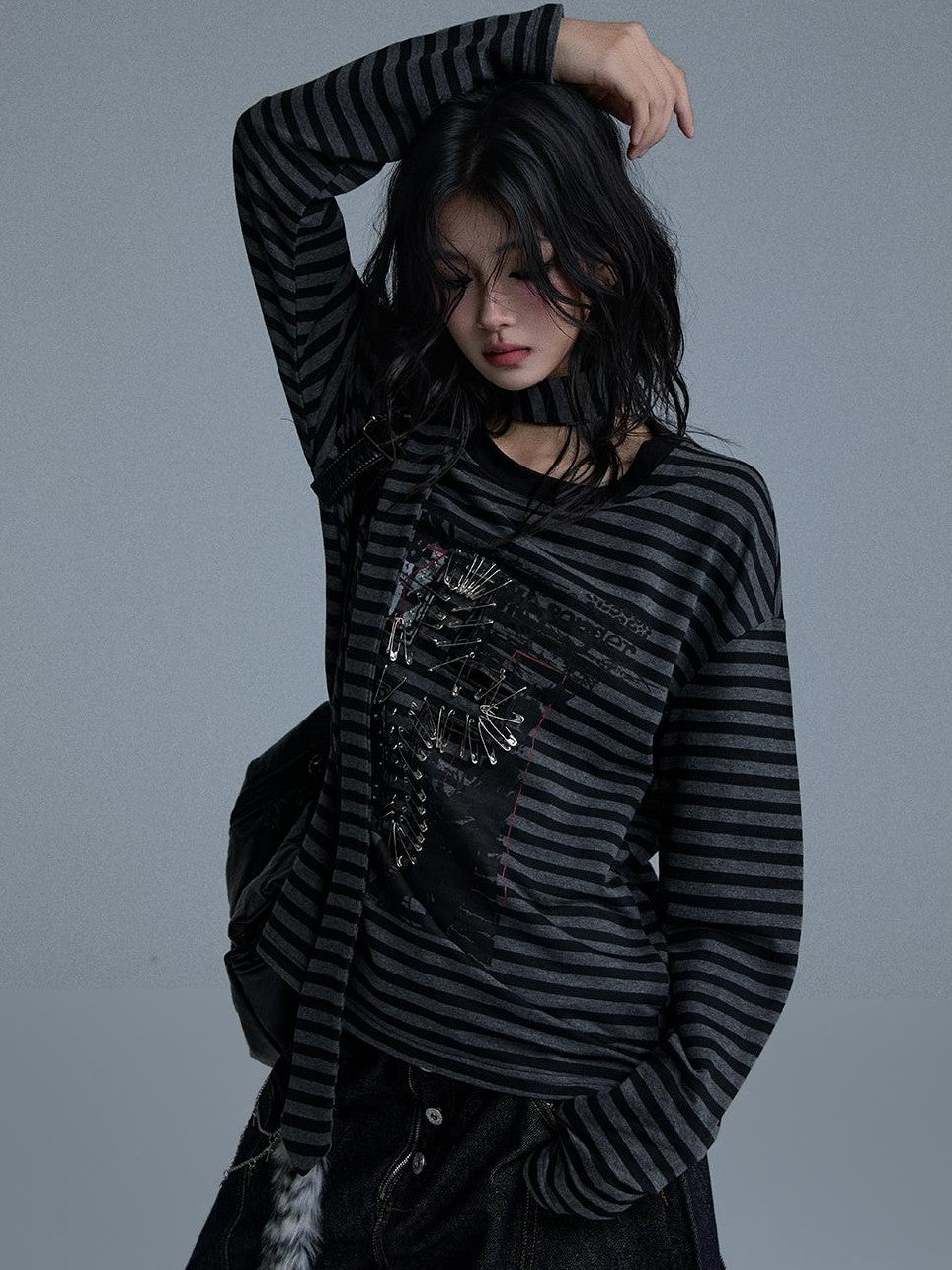 YUKAHOUSE Striped Print Metal Punk Women's Cotton Long Sleeve T-shirts