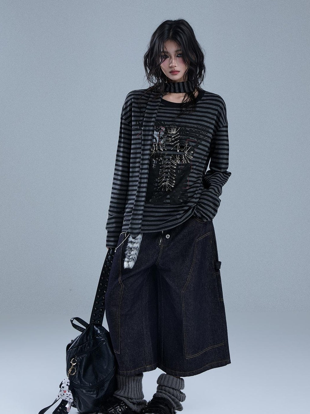 YUKAHOUSE Striped Print Metal Punk Women's Cotton Long Sleeve T-shirts