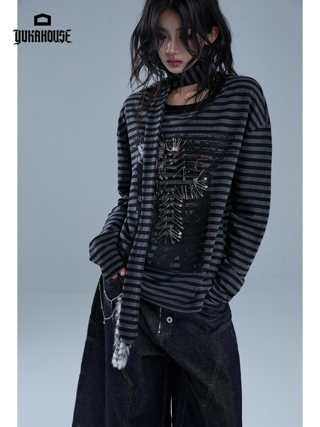YUKAHOUSE Striped Print Metal Punk Women's Cotton Long Sleeve T-shirts