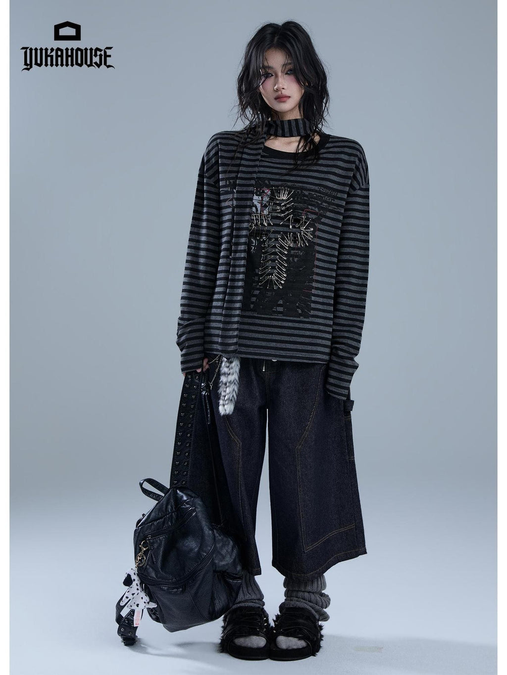 YUKAHOUSE Striped Print Metal Punk Women's Cotton Long Sleeve T-shirts