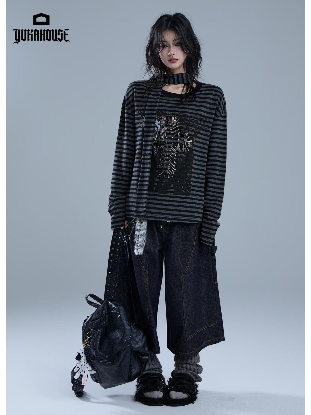 YUKAHOUSE Striped Print Metal Punk Women's Cotton Long Sleeve T-shirts