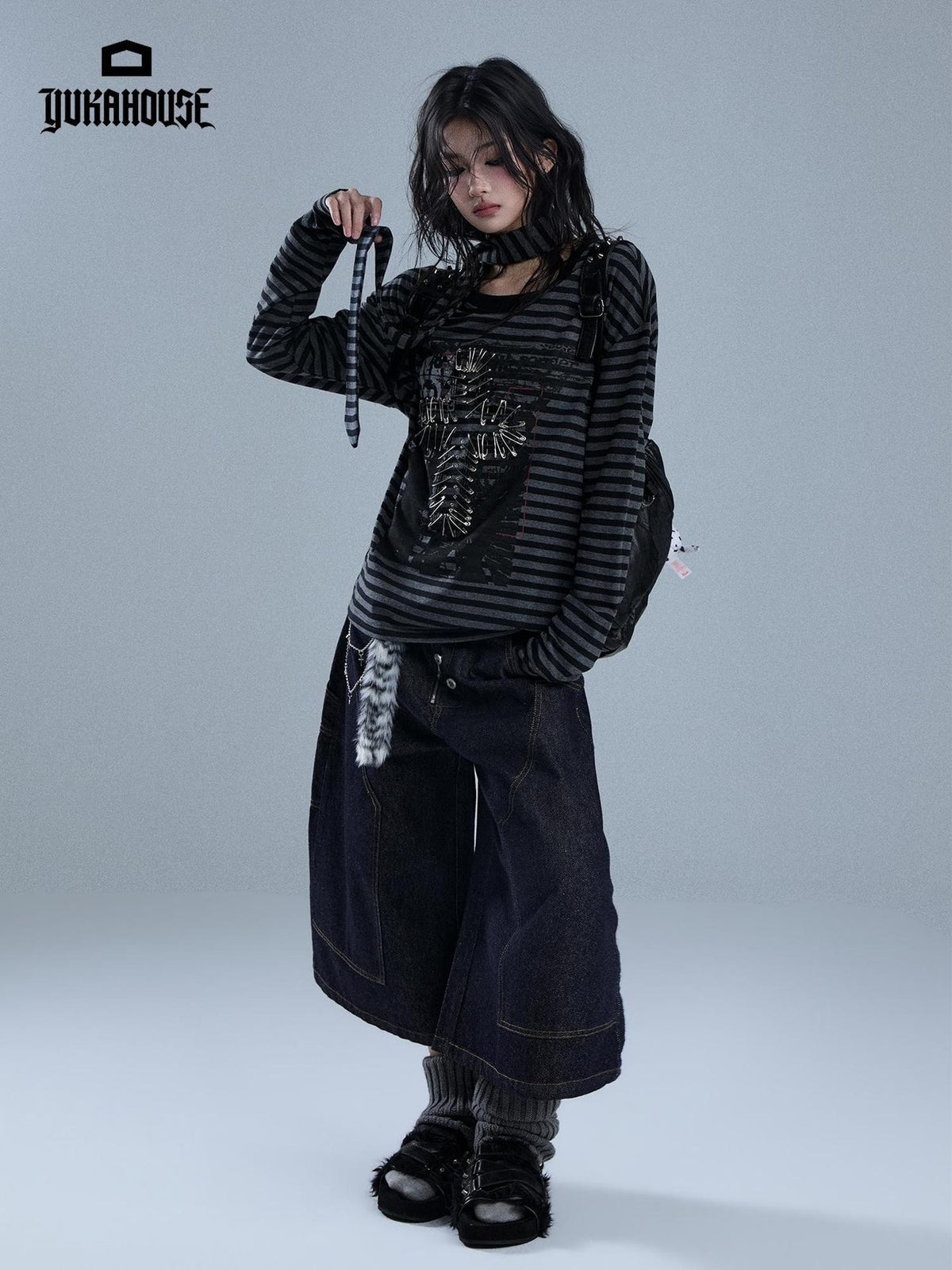 YUKAHOUSE Striped Print Metal Punk Women's Cotton Long Sleeve T-shirts