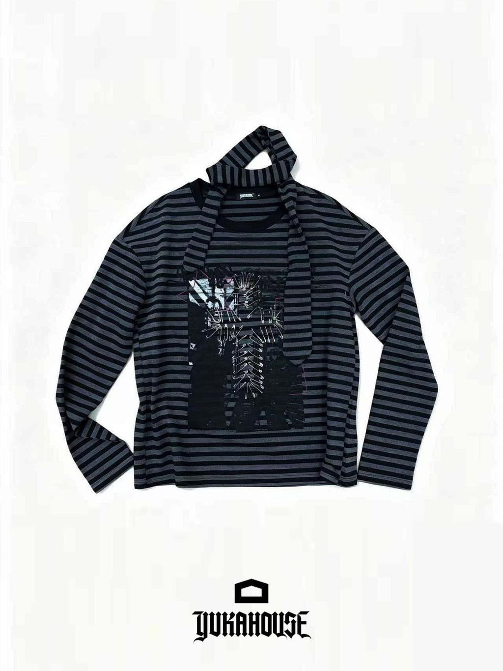 YUKAHOUSE Striped Print Metal Punk Women's Cotton Long Sleeve T-shirts