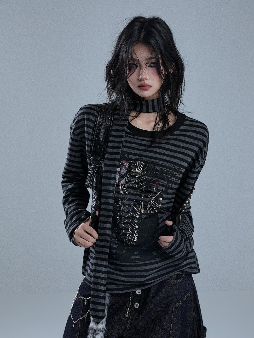 YUKAHOUSE Striped Print Metal Punk Women's Cotton Long Sleeve T-shirts