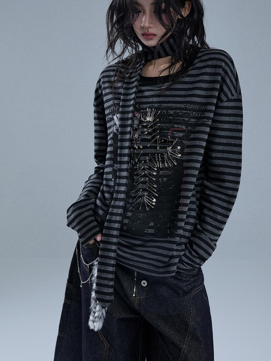 YUKAHOUSE Striped Print Metal Punk Women's Cotton Long Sleeve T-shirts