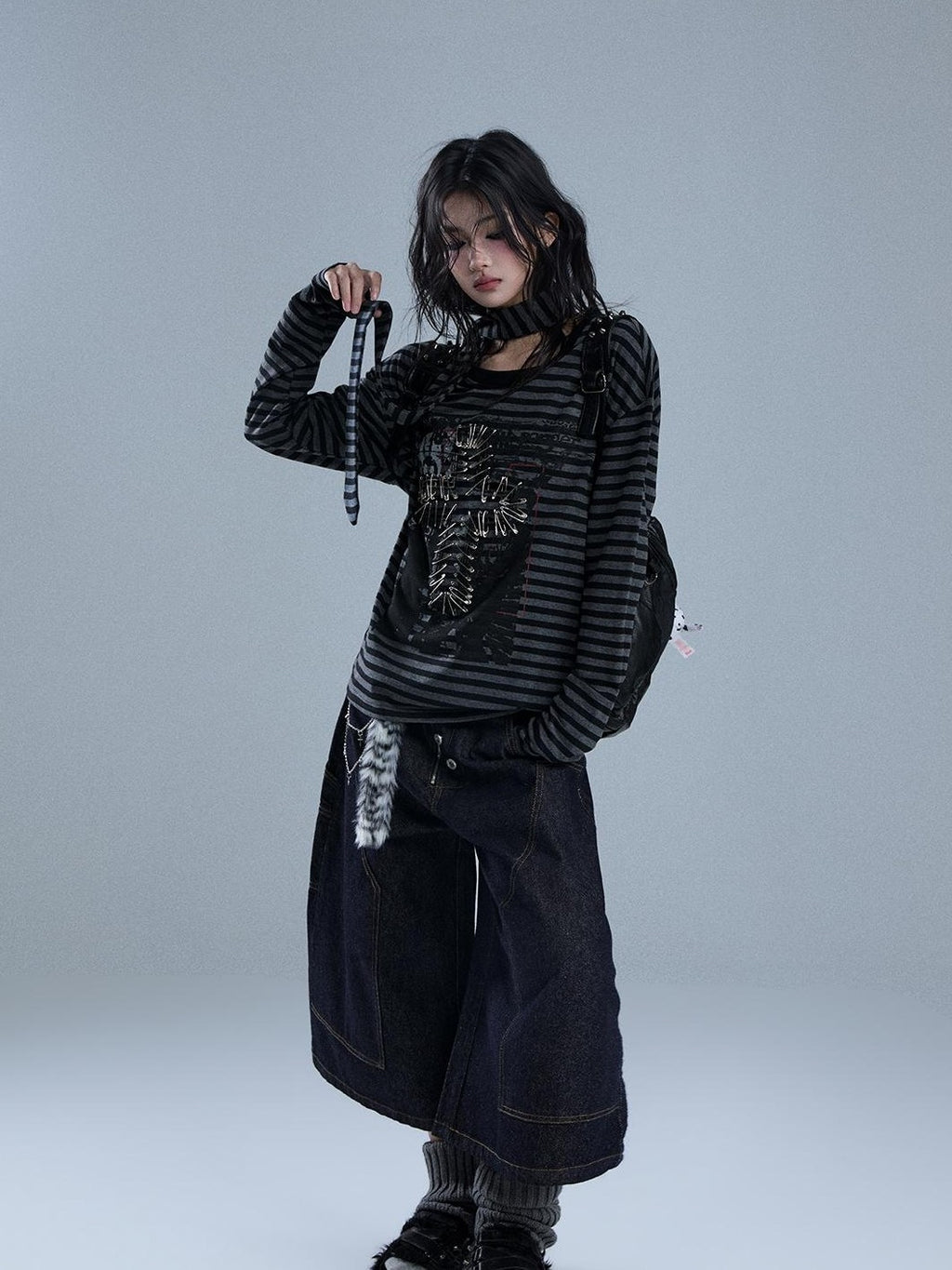 YUKAHOUSE Striped Print Metal Punk Women's Cotton Long Sleeve T-shirts