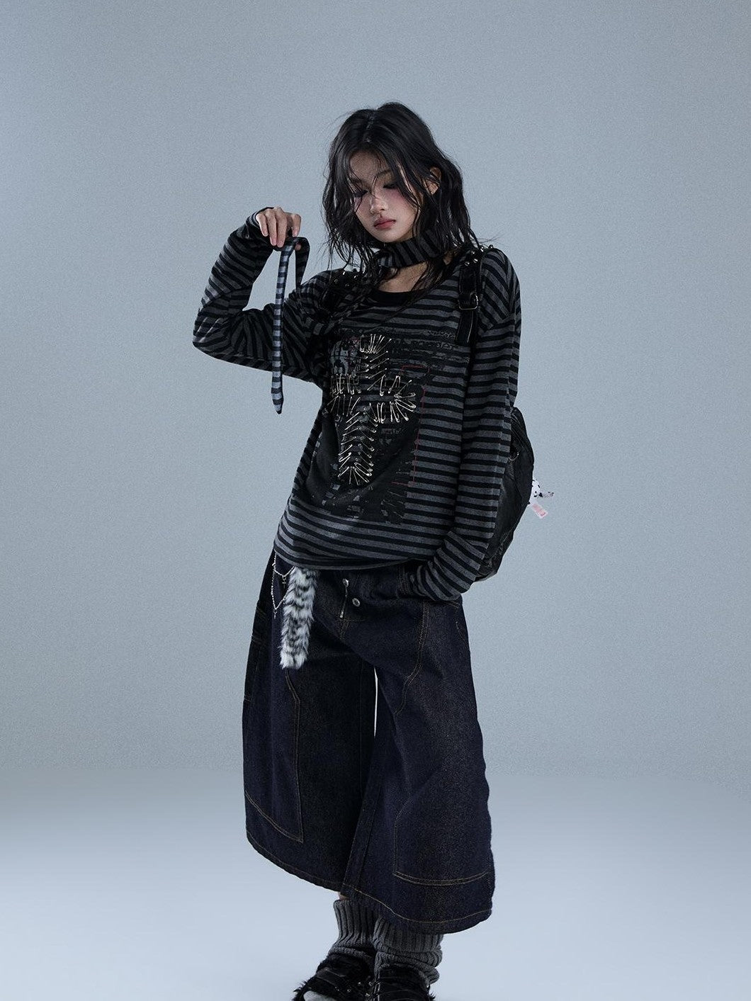 YUKAHOUSE Striped Print Metal Punk Women's Cotton Long Sleeve T-shirts
