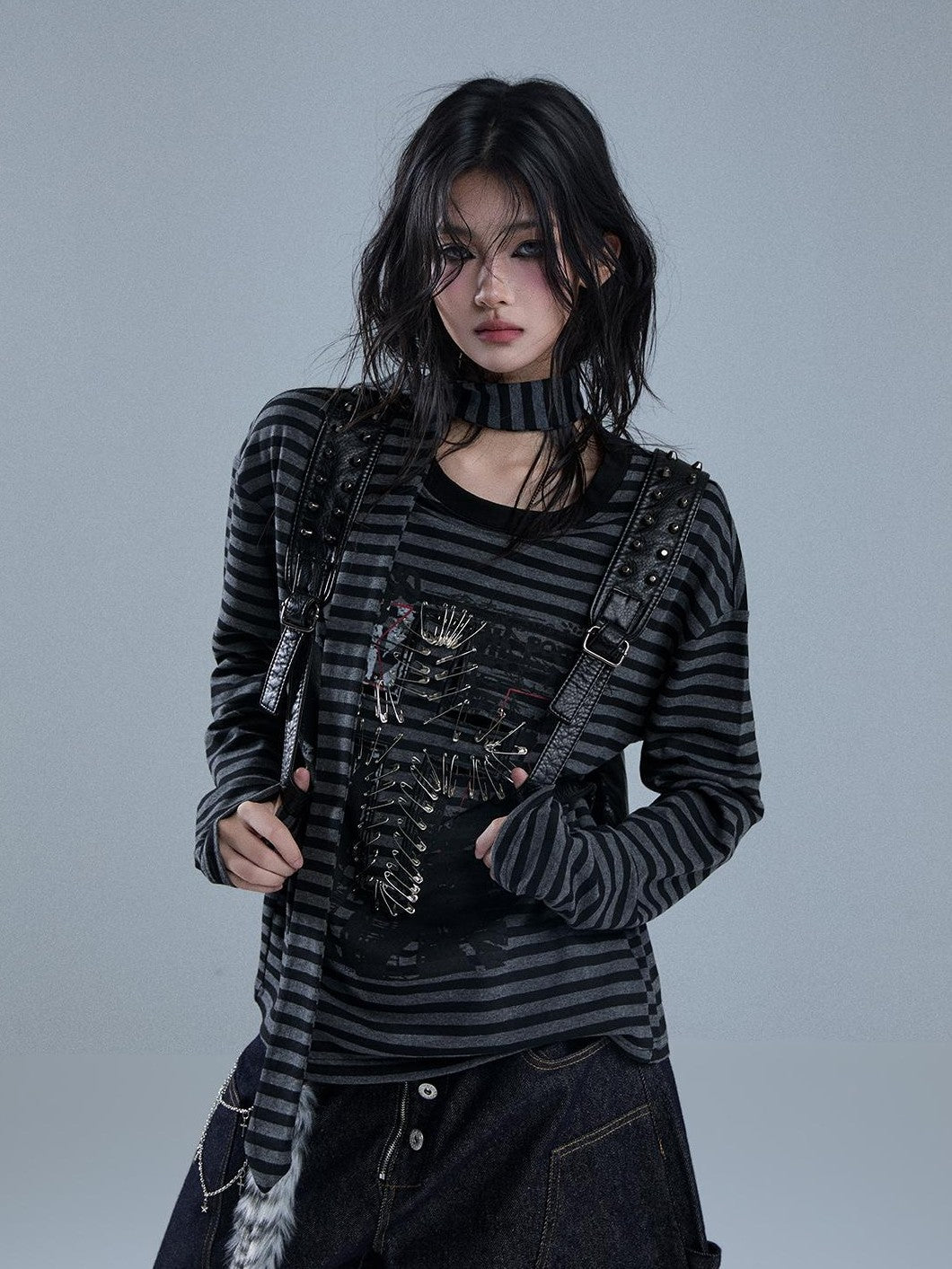 YUKAHOUSE Striped Print Metal Punk Women's Cotton Long Sleeve T-shirts