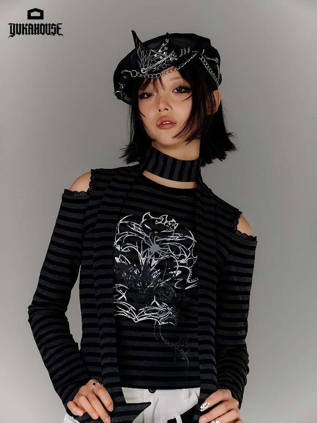 YUKAHOUSE Striped Ripped Cutout Shoulder Punk Women's Cotton Blend Long Sleeve T-shirts