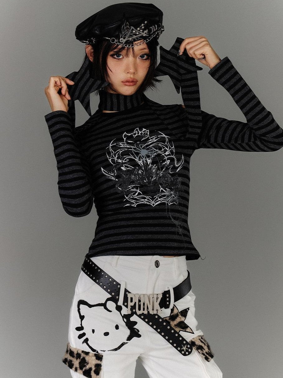 YUKAHOUSE Striped Ripped Cutout Shoulder Punk Women's Cotton Blend Long Sleeve T-shirts