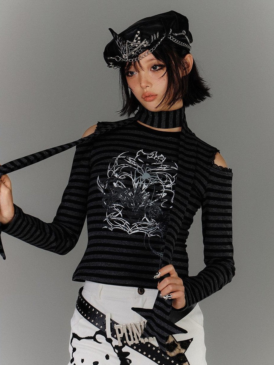 YUKAHOUSE Striped Ripped Cutout Shoulder Punk Women's Cotton Blend Long Sleeve T-shirts