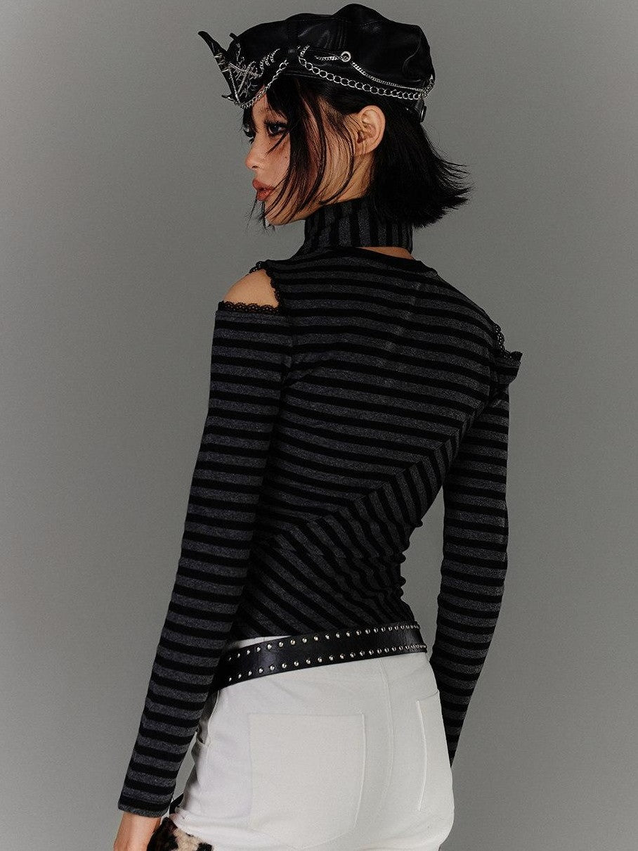 YUKAHOUSE Striped Ripped Cutout Shoulder Punk Women's Cotton Blend Long Sleeve T-shirts