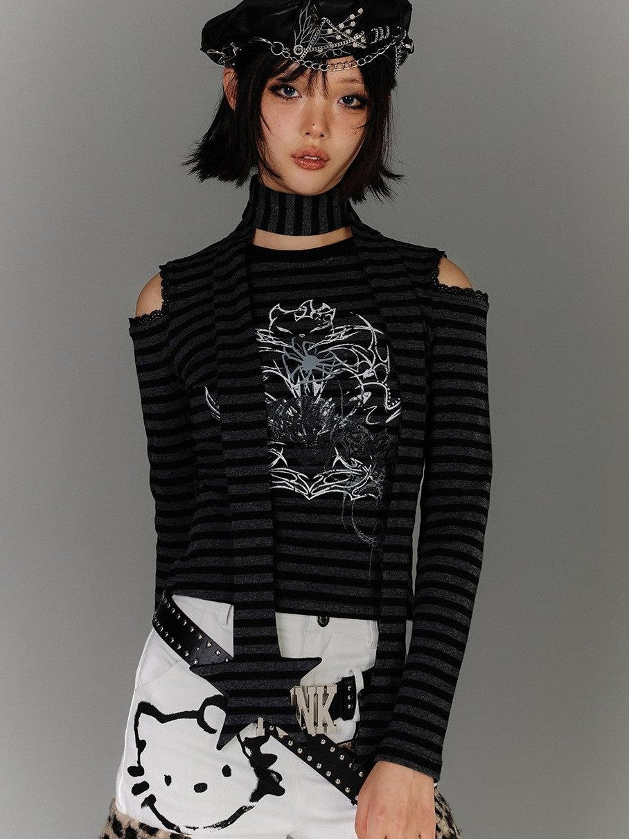 YUKAHOUSE Striped Ripped Cutout Shoulder Punk Women's Cotton Blend Long Sleeve T-shirts