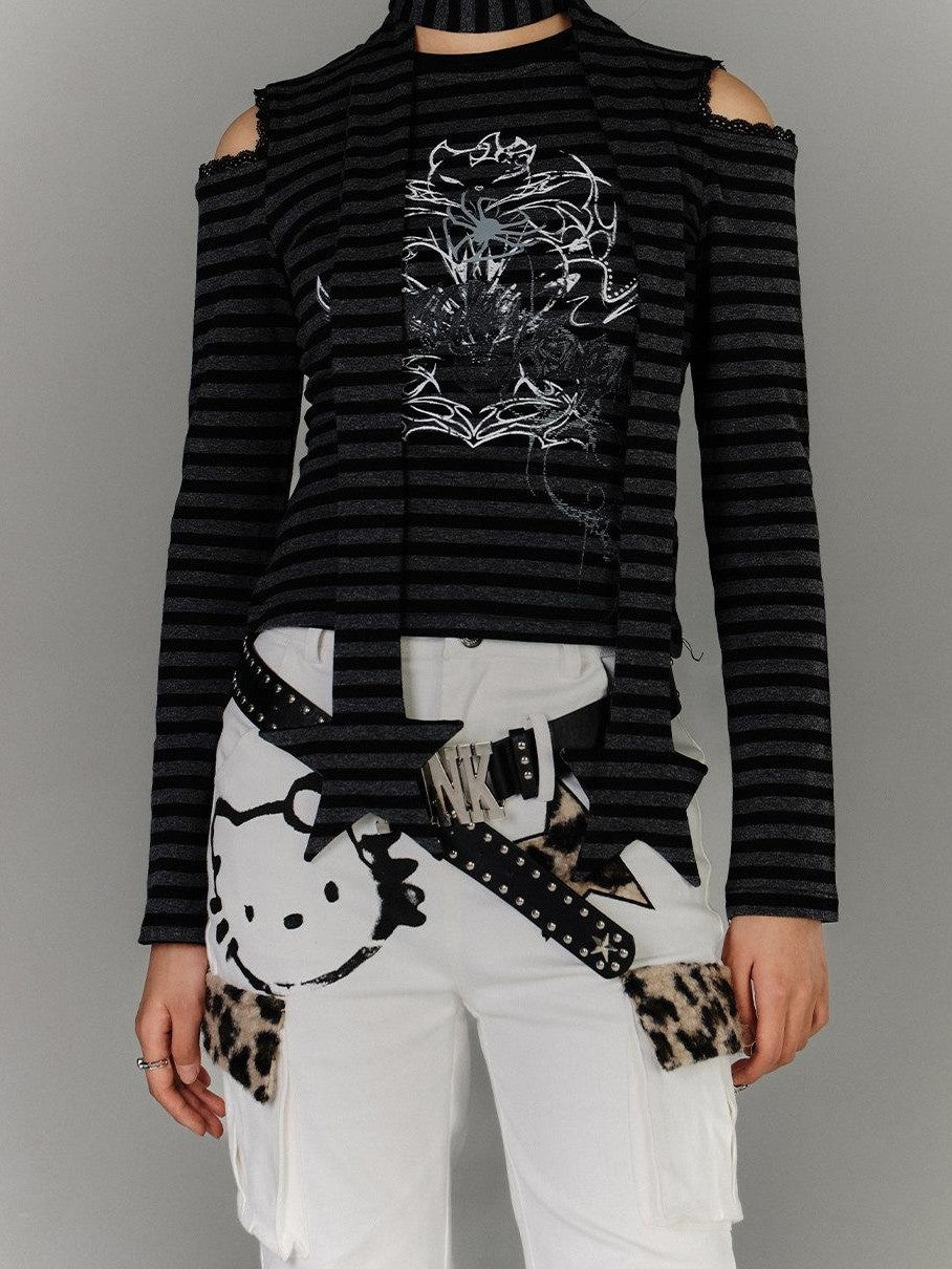 YUKAHOUSE Striped Ripped Cutout Shoulder Punk Women's Cotton Blend Long Sleeve T-shirts