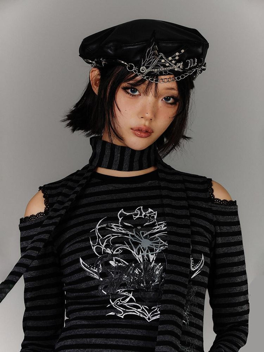 YUKAHOUSE Striped Ripped Cutout Shoulder Punk Women's Cotton Blend Long Sleeve T-shirts