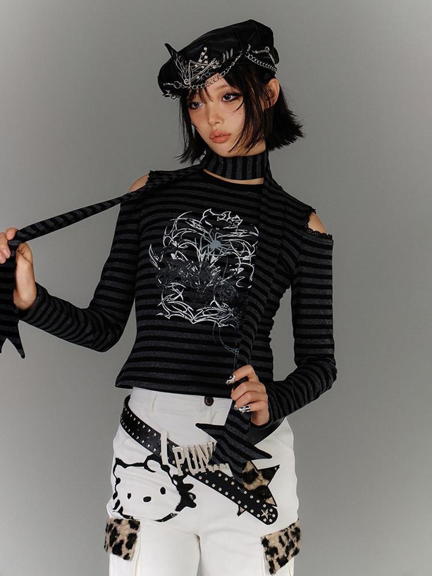 YUKAHOUSE Striped Ripped Cutout Shoulder Punk Women's Cotton Blend Long Sleeve T-shirts
