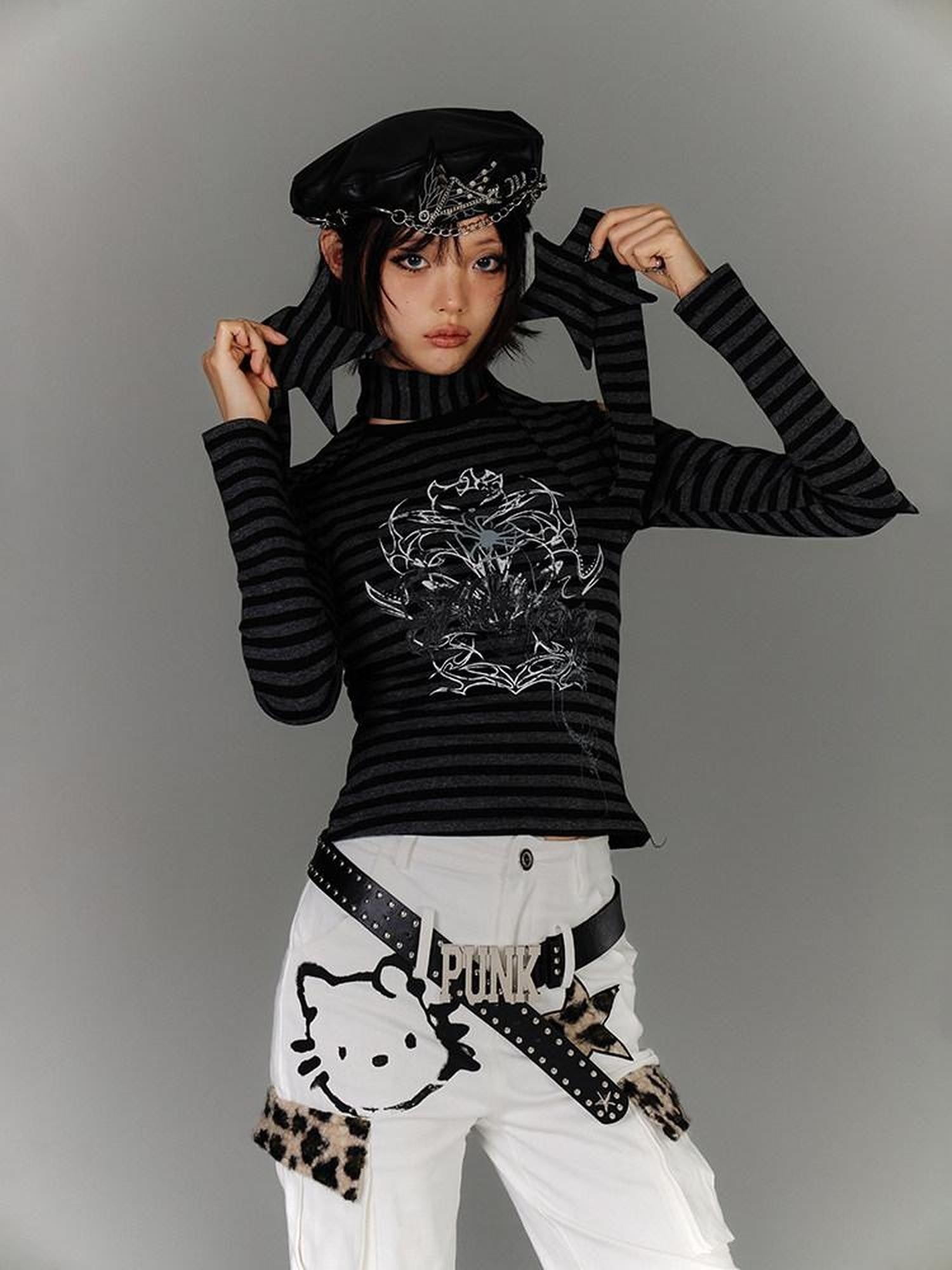 YUKAHOUSE Striped Ripped Cutout Shoulder Punk Women's Cotton Blend Long Sleeve T-shirts