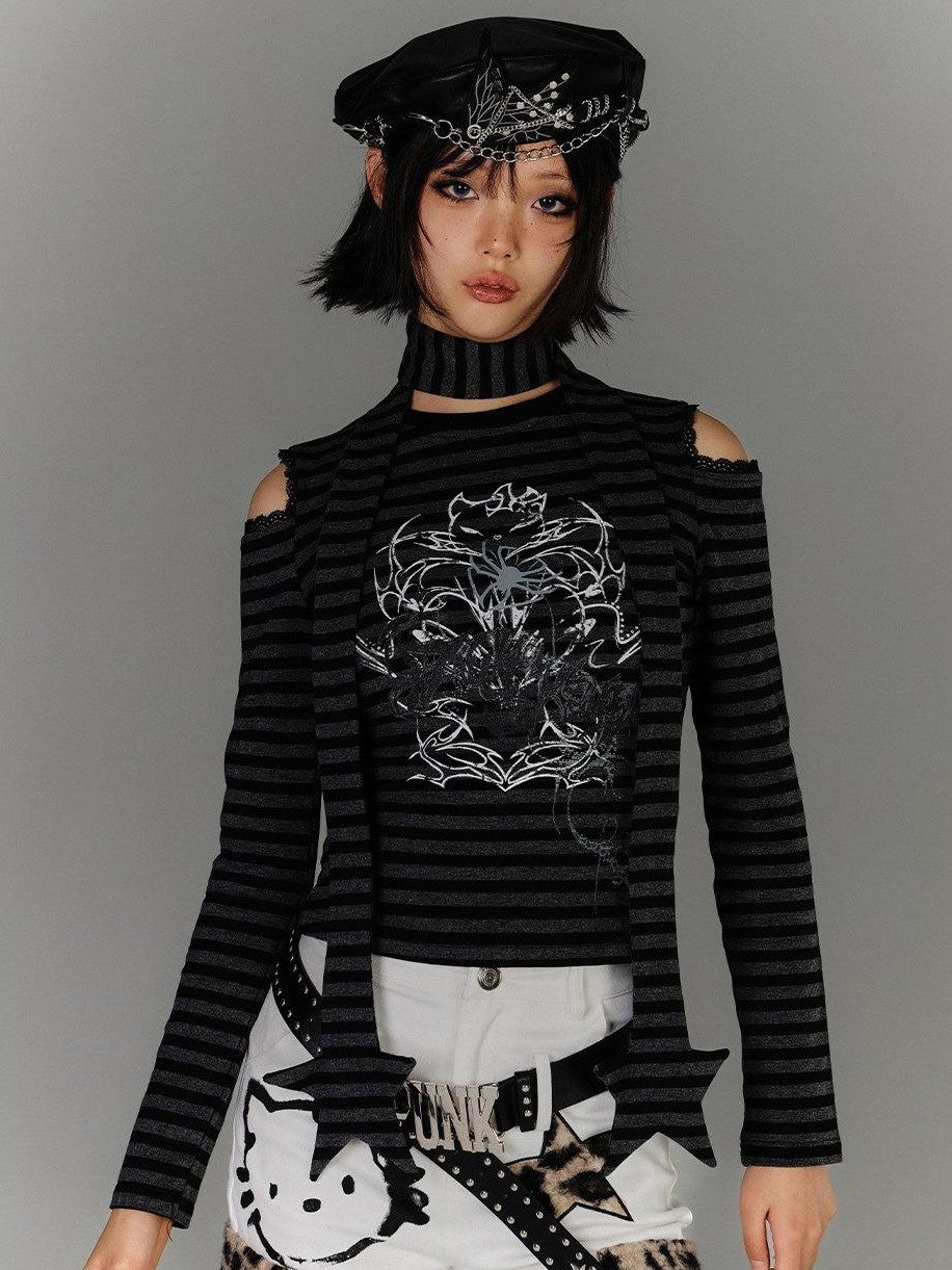 YUKAHOUSE Striped Ripped Cutout Shoulder Punk Women's Cotton Blend Long Sleeve T-shirts