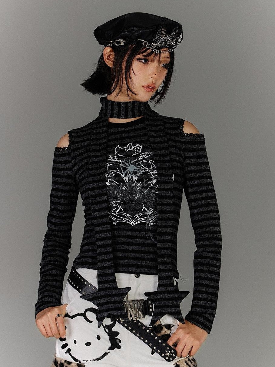 YUKAHOUSE Striped Ripped Cutout Shoulder Punk Women's Cotton Blend Long Sleeve T-shirts