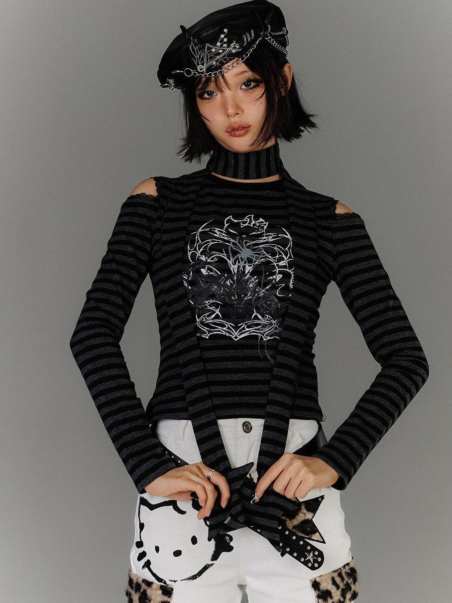 YUKAHOUSE Striped Ripped Cutout Shoulder Punk Women's Cotton Blend Long Sleeve T-shirts