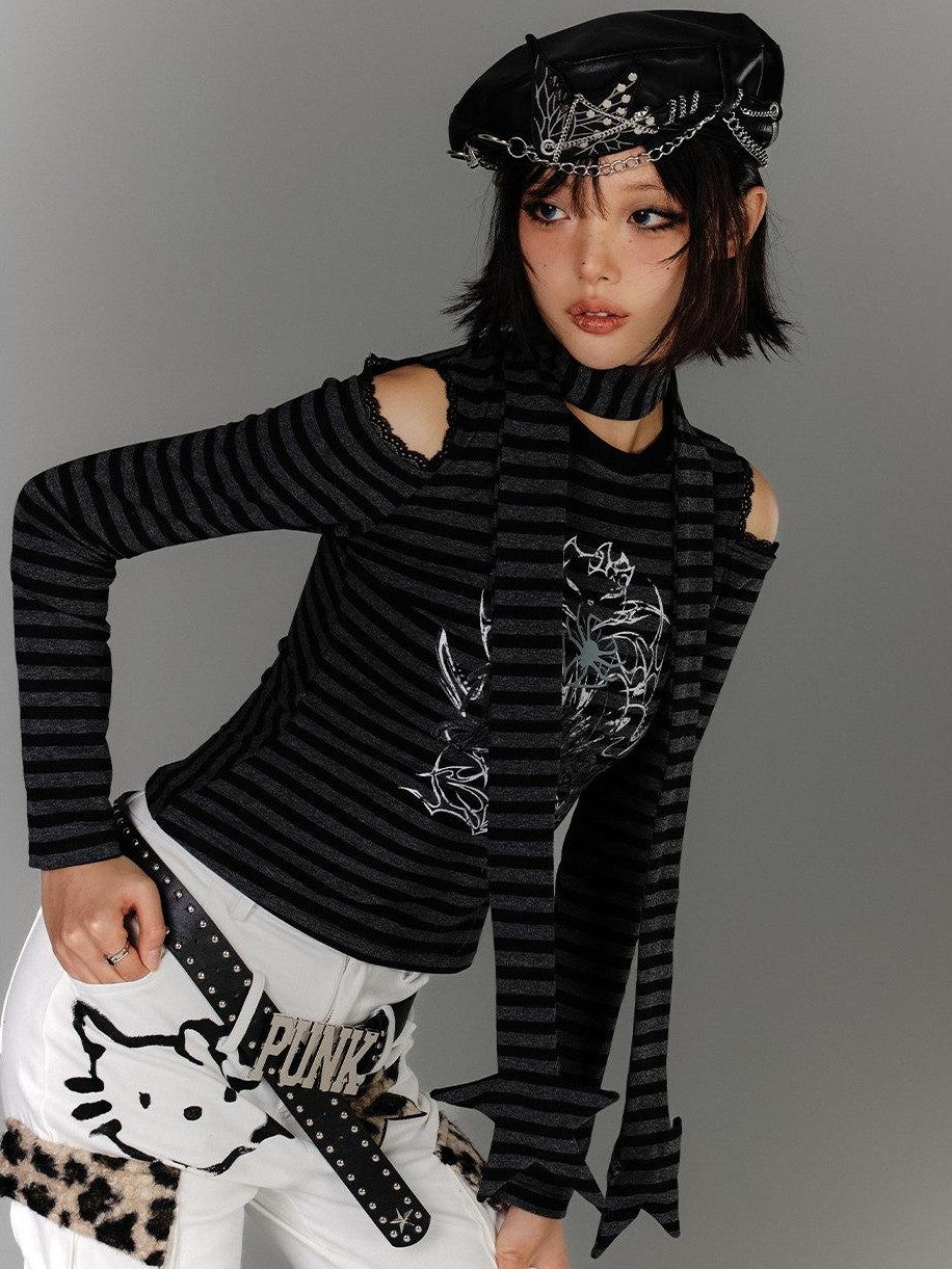 YUKAHOUSE Striped Ripped Cutout Shoulder Punk Women's Cotton Blend Long Sleeve T-shirts