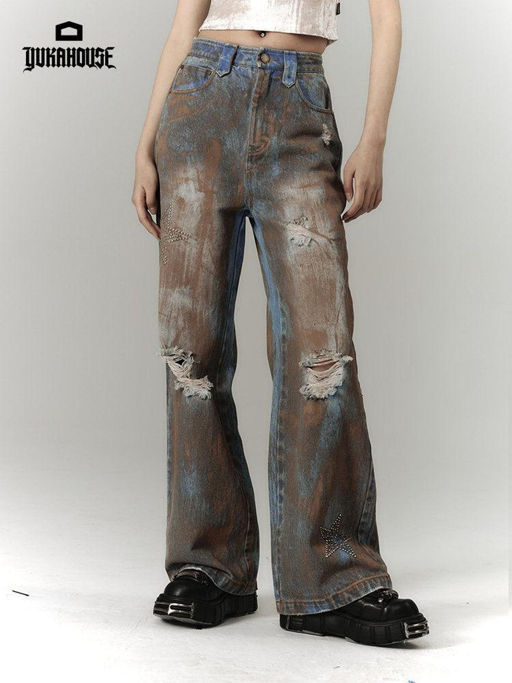 YUKAHOUSE Tie Dye Washed Distressed Vintage Women's Denim Straight-leg Jeans