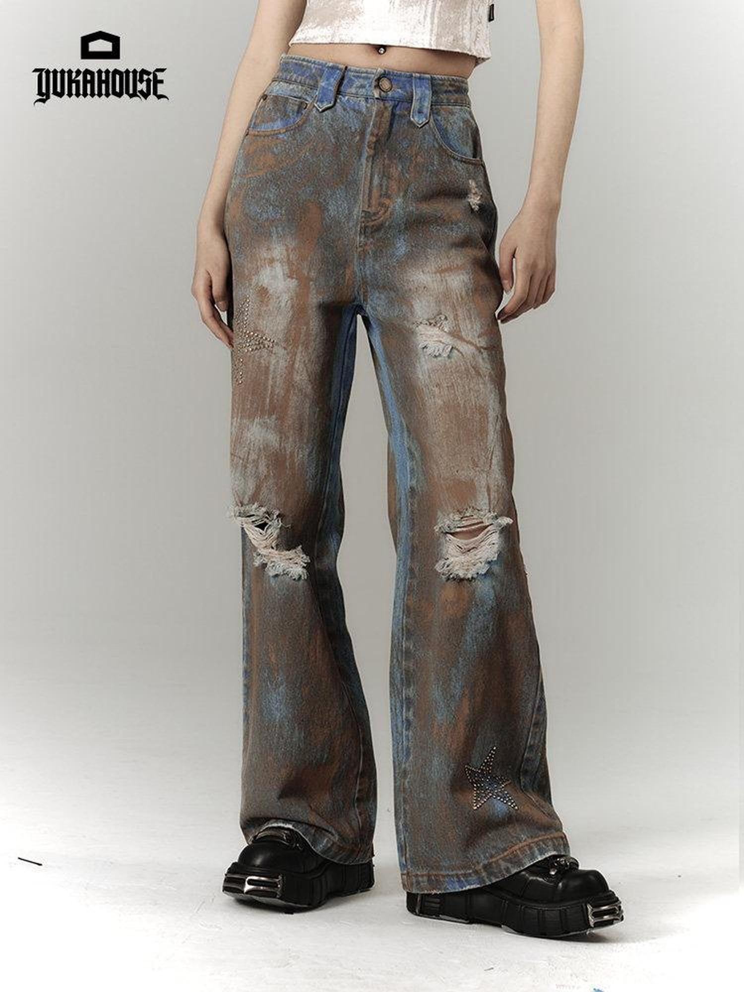 YUKAHOUSE Tie Dye Washed Distressed Vintage Women's Denim Straight-leg Jeans