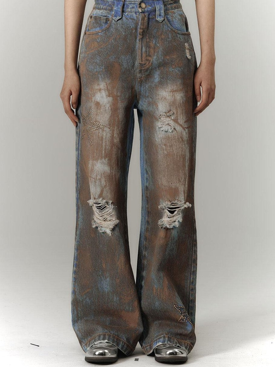 YUKAHOUSE Tie Dye Washed Distressed Vintage Women's Denim Straight-leg Jeans