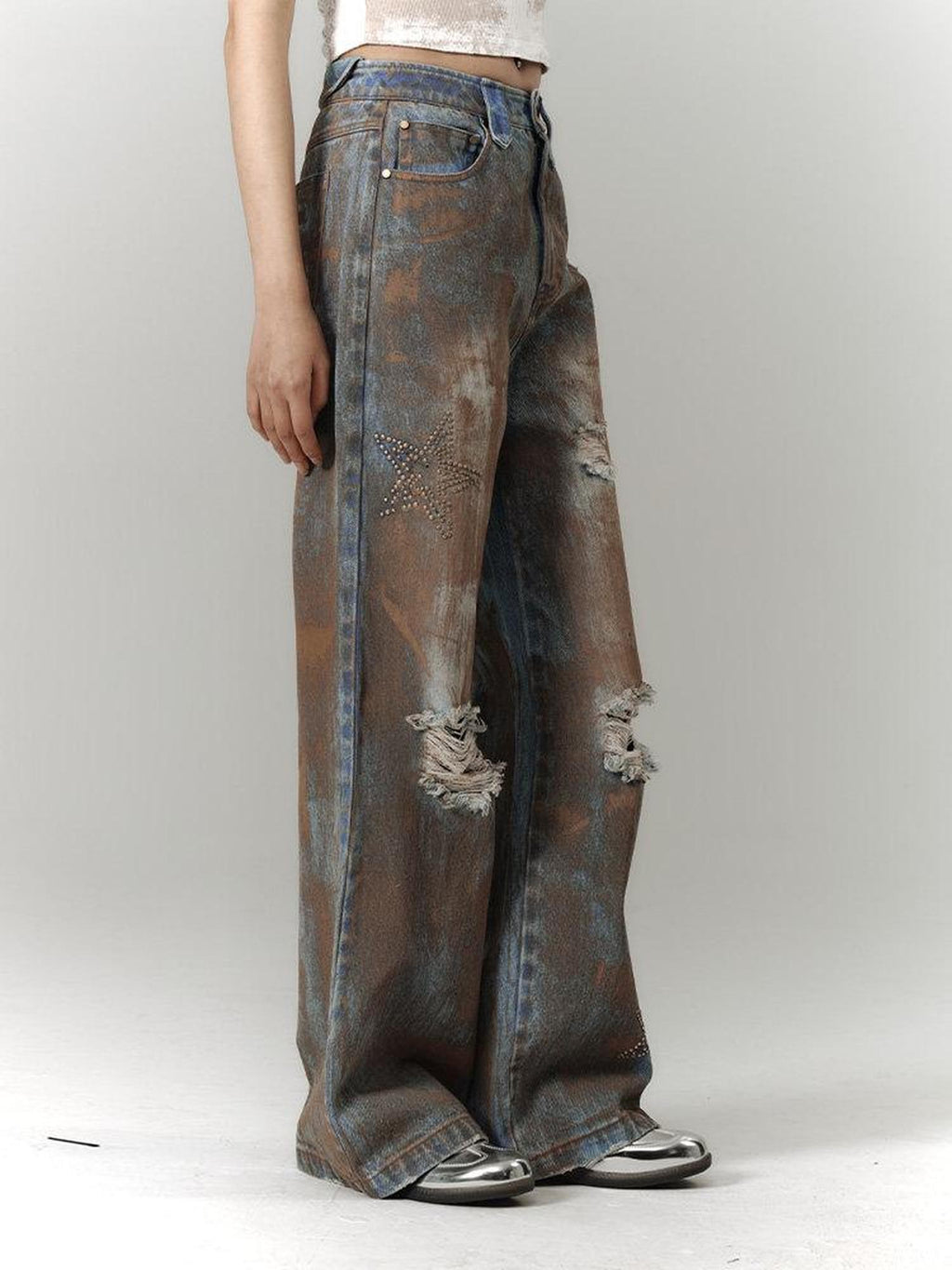 YUKAHOUSE Tie Dye Washed Distressed Vintage Women's Denim Straight-leg Jeans