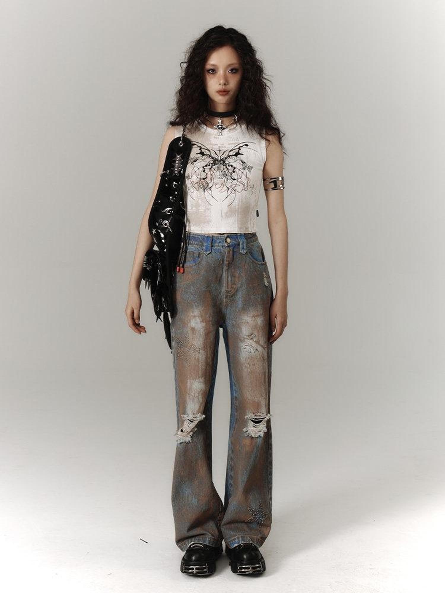 YUKAHOUSE Tie Dye Washed Distressed Vintage Women's Denim Straight-leg Jeans